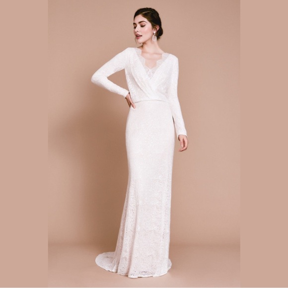 TADASHI SHOJI - DRAPED NECK LONG SLEEVE WEDDING DRESS